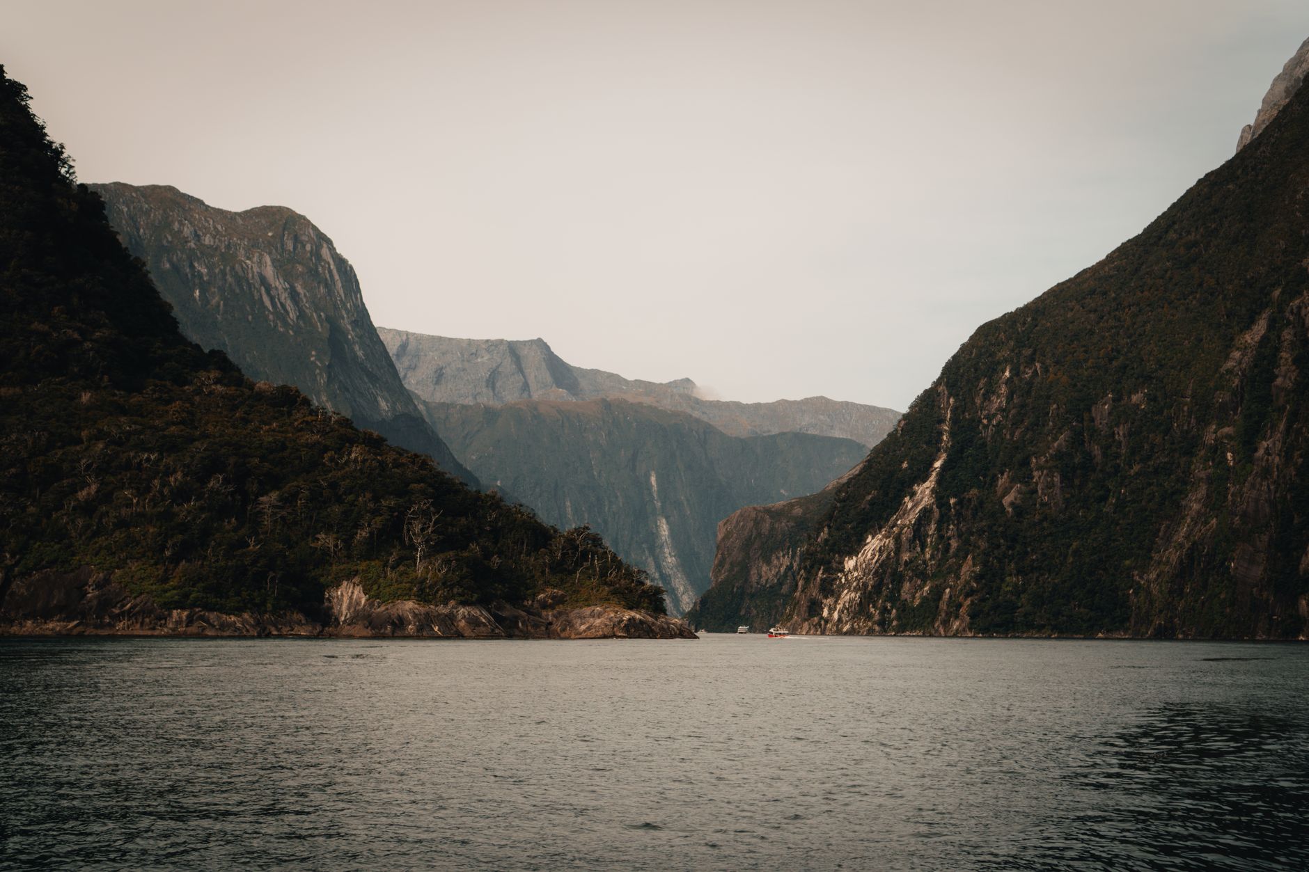 New Zealand South Island landscape with dramatic mountain fjord